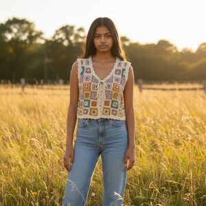 Cottagecore Crochet Granny Square Vest Women’s Small Cotton